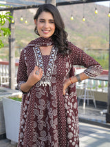 Brown cotton kurti set with bead work and dupatta