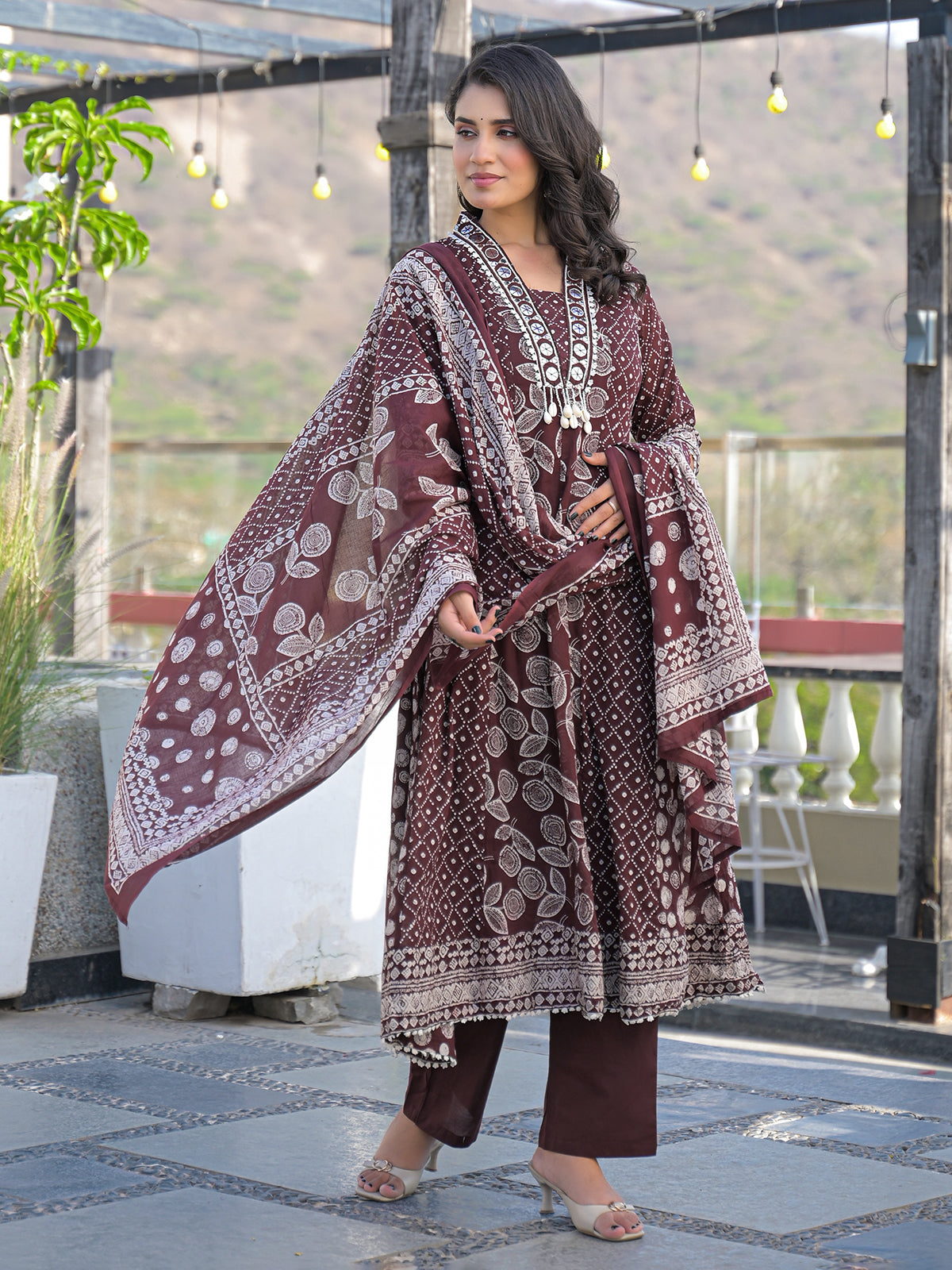 Brown cotton kurti set with bead work and dupatta