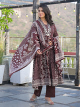 Brown cotton kurti set with bead work and dupatta