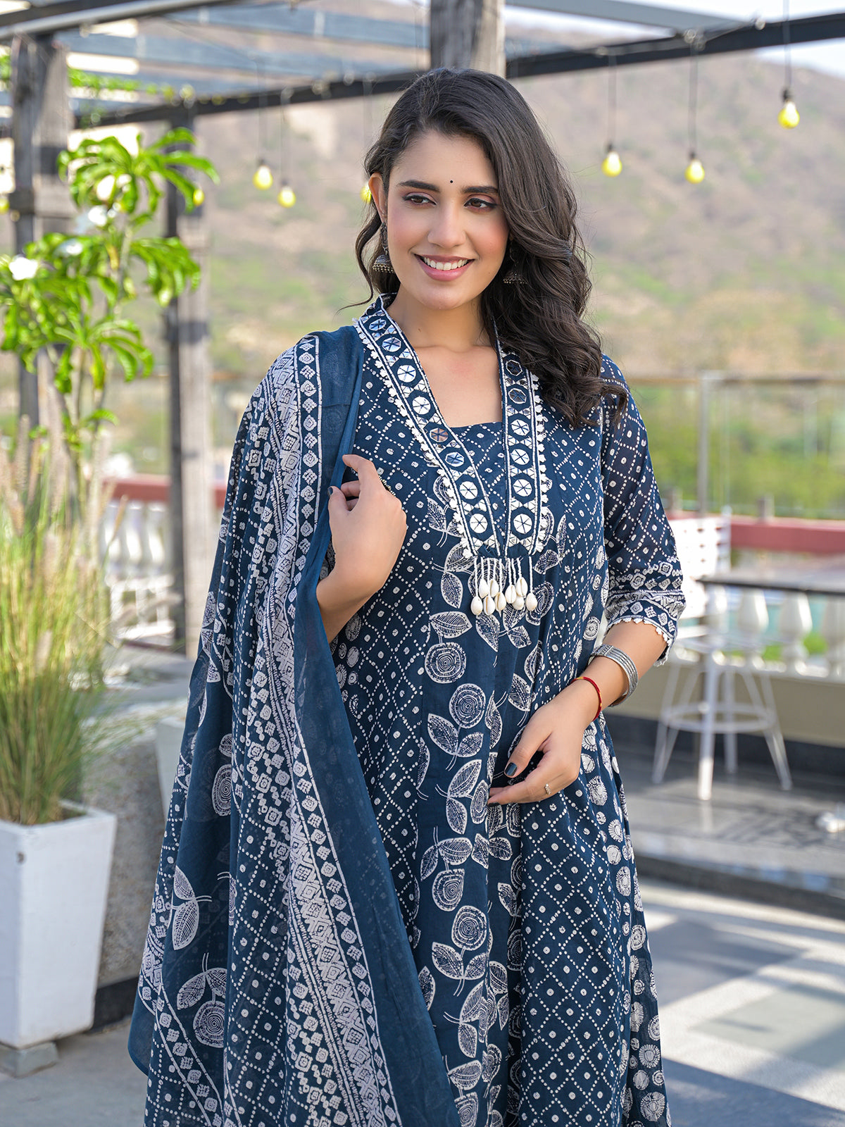 Blue cotton kurti set with bead work