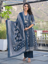 Blue cotton kurti set with bead work