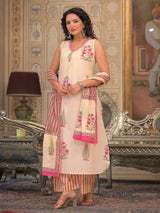 Off white sleeveless cotton kurti set with dupatta