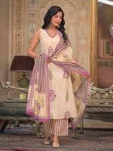 Off white cotton kurti set with traditional prints