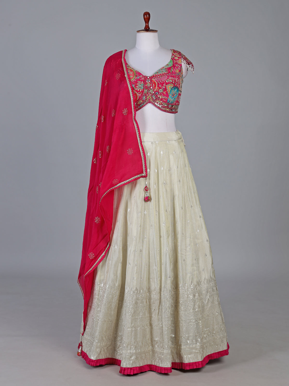 Rani pink and cream silk lehenga choli designer style