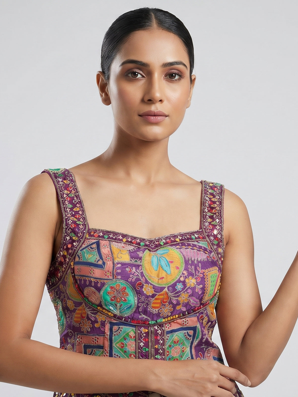Violet and cream silk lehenga choli with zardosi work