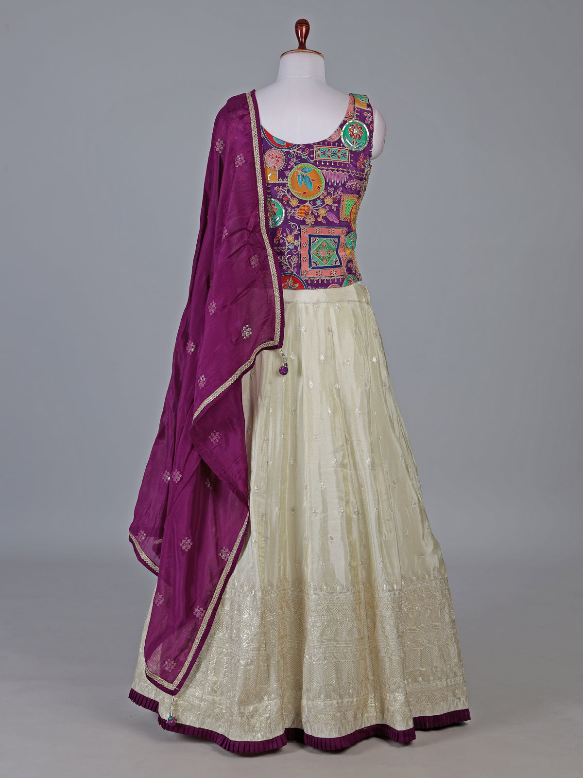 Violet and cream silk lehenga choli with zardosi work