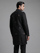Black linen waistcoat set with floral embroidery
