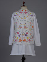 White silk waistcoat set with colorful floral thread