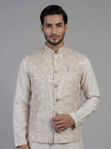 Beige silk waistcoat set with sequin and embroidery