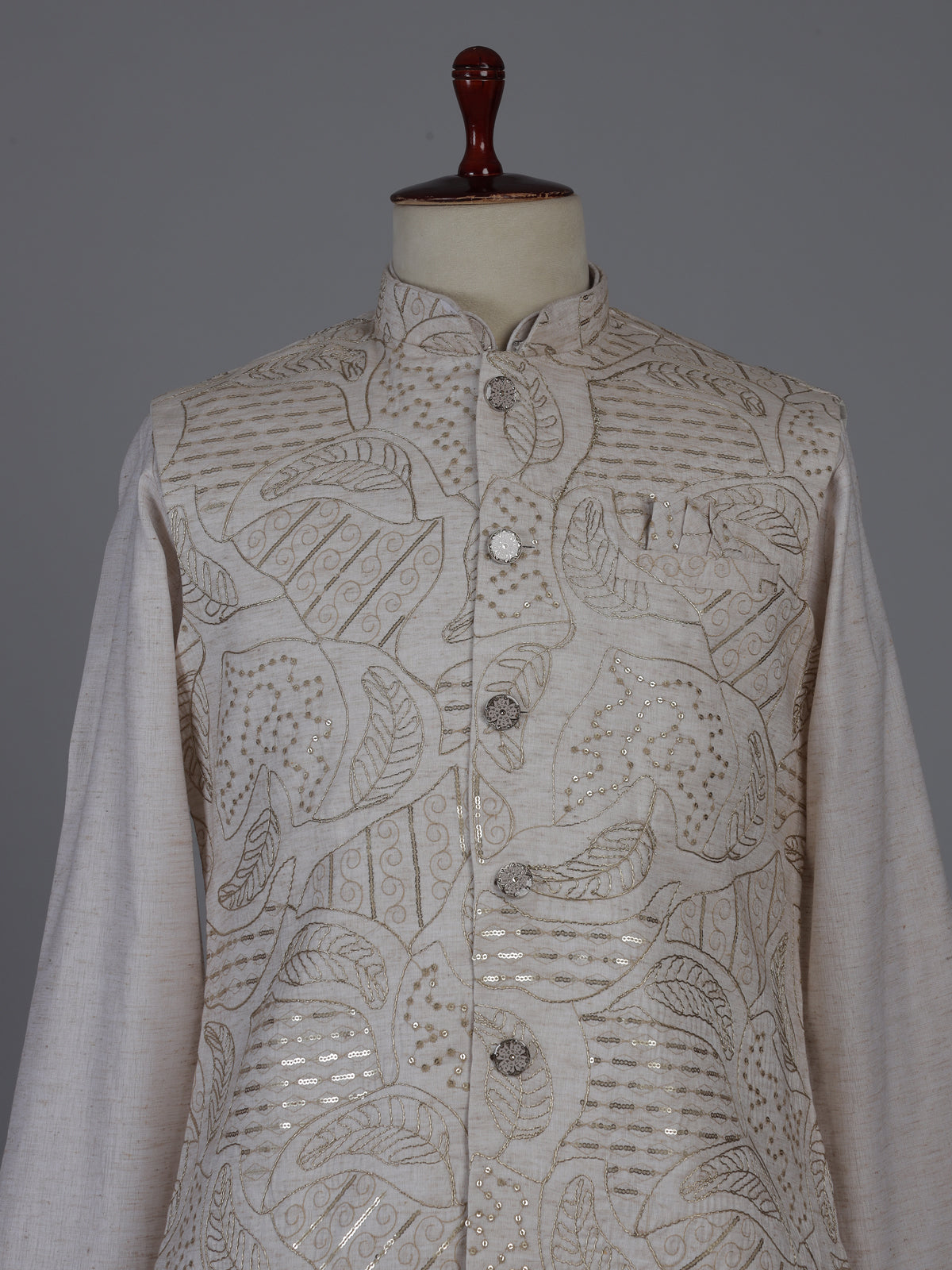 Beige silk waistcoat set with sequin and embroidery