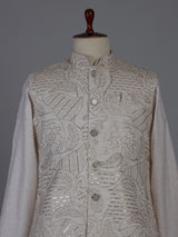 Beige silk waistcoat set with sequin and embroidery