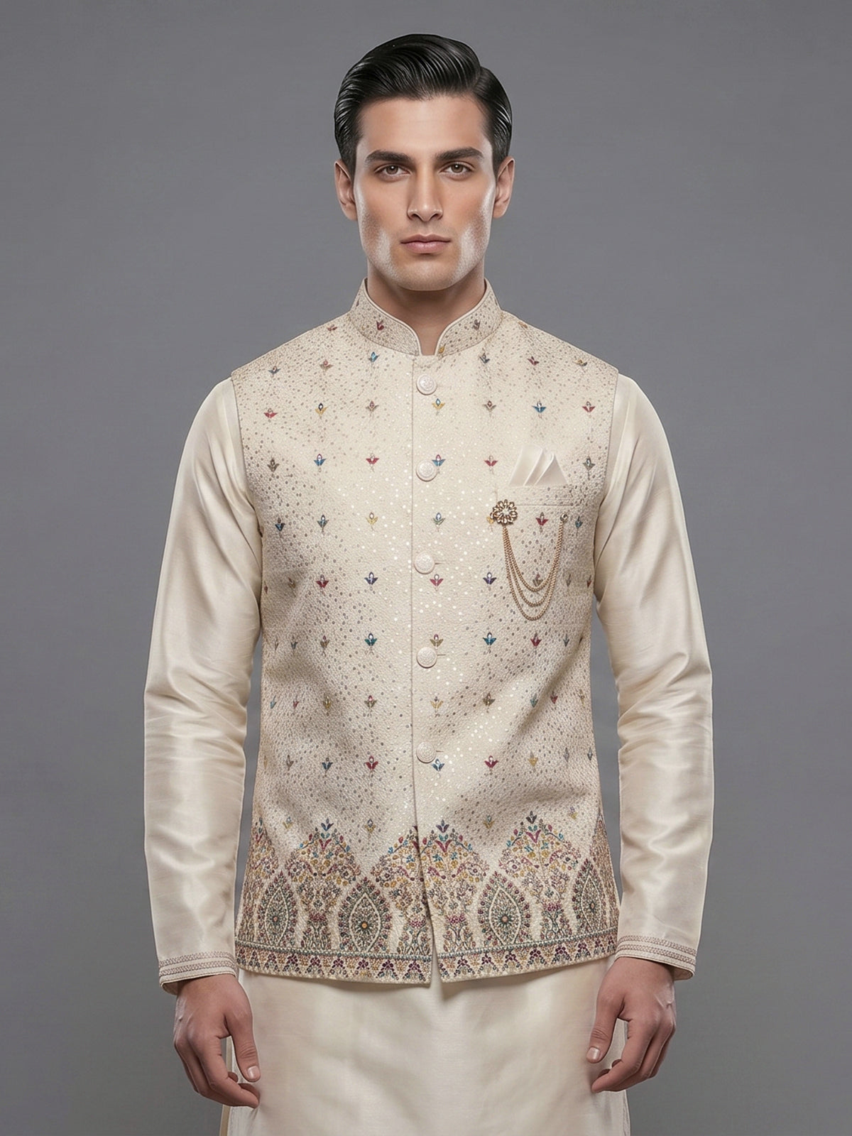 Beige silk waistcoat set with embroidered and sequins