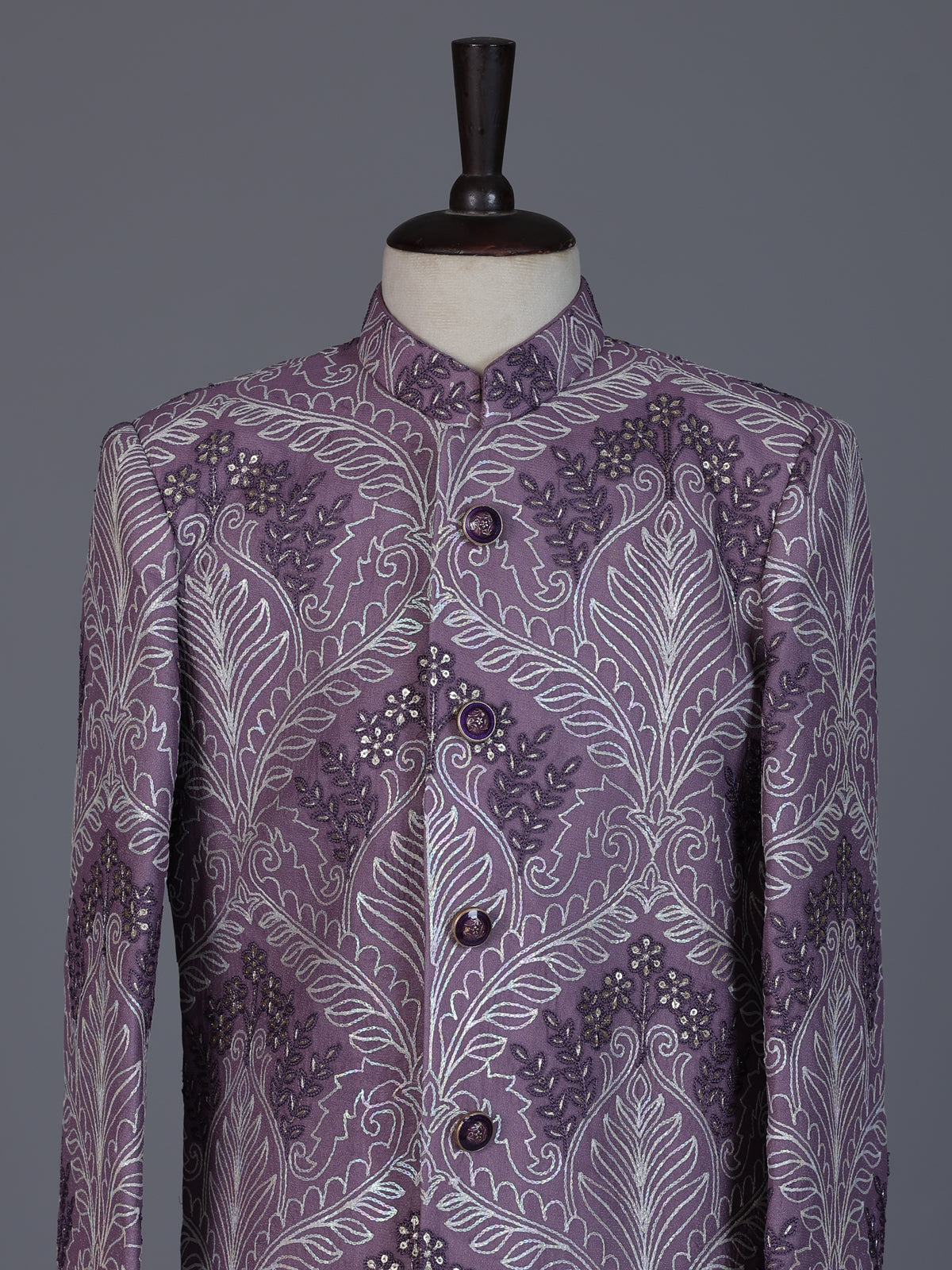 Purple silk embroidered work indowestern suit