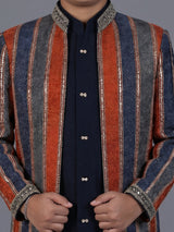 Navy blue striped silk indowestern set for boys