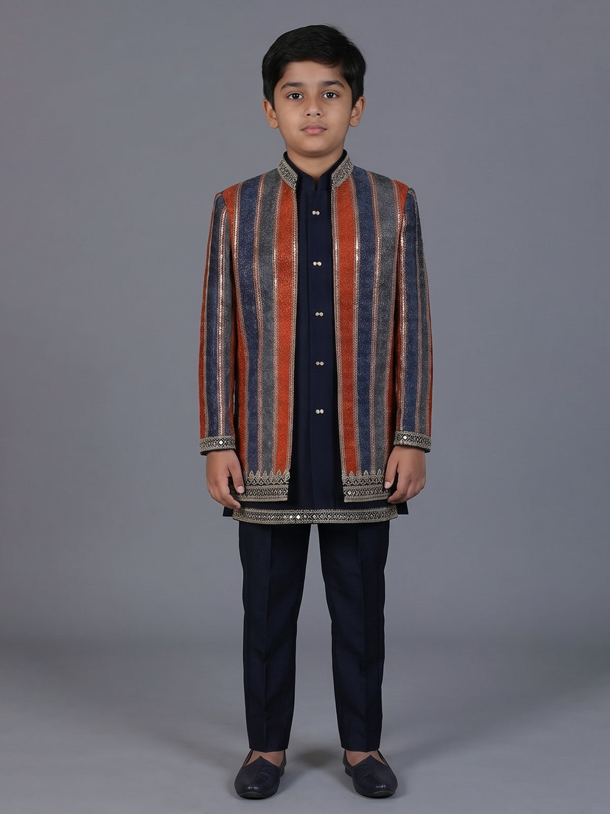 Navy blue striped silk indowestern set for boys