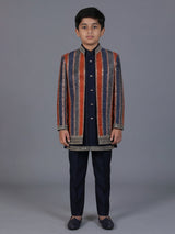 Navy blue striped silk indowestern set for boys