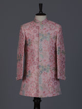 Pink silk blend embroidered boys indowestern set