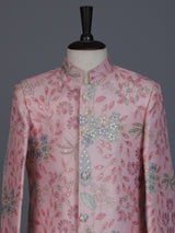 Pink silk blend embroidered boys indowestern set