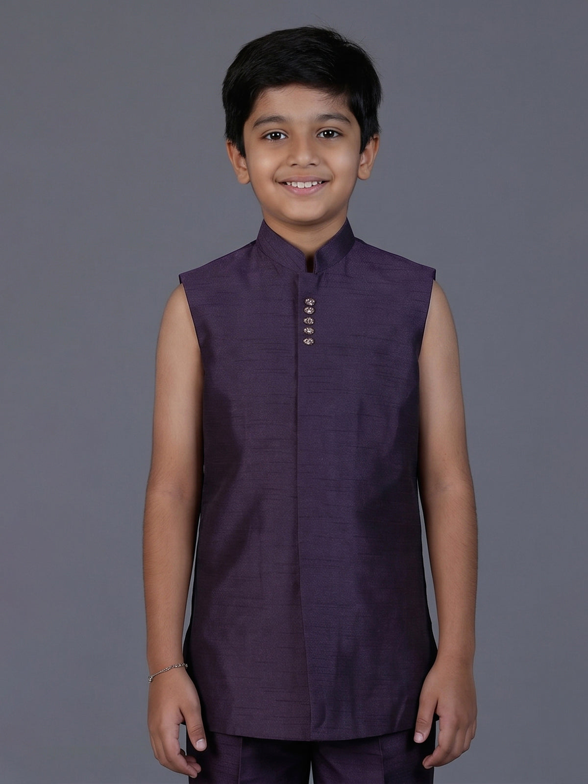Purple raw silk embroidered boys indowestern suit set
