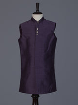 Purple raw silk embroidered boys indowestern suit set