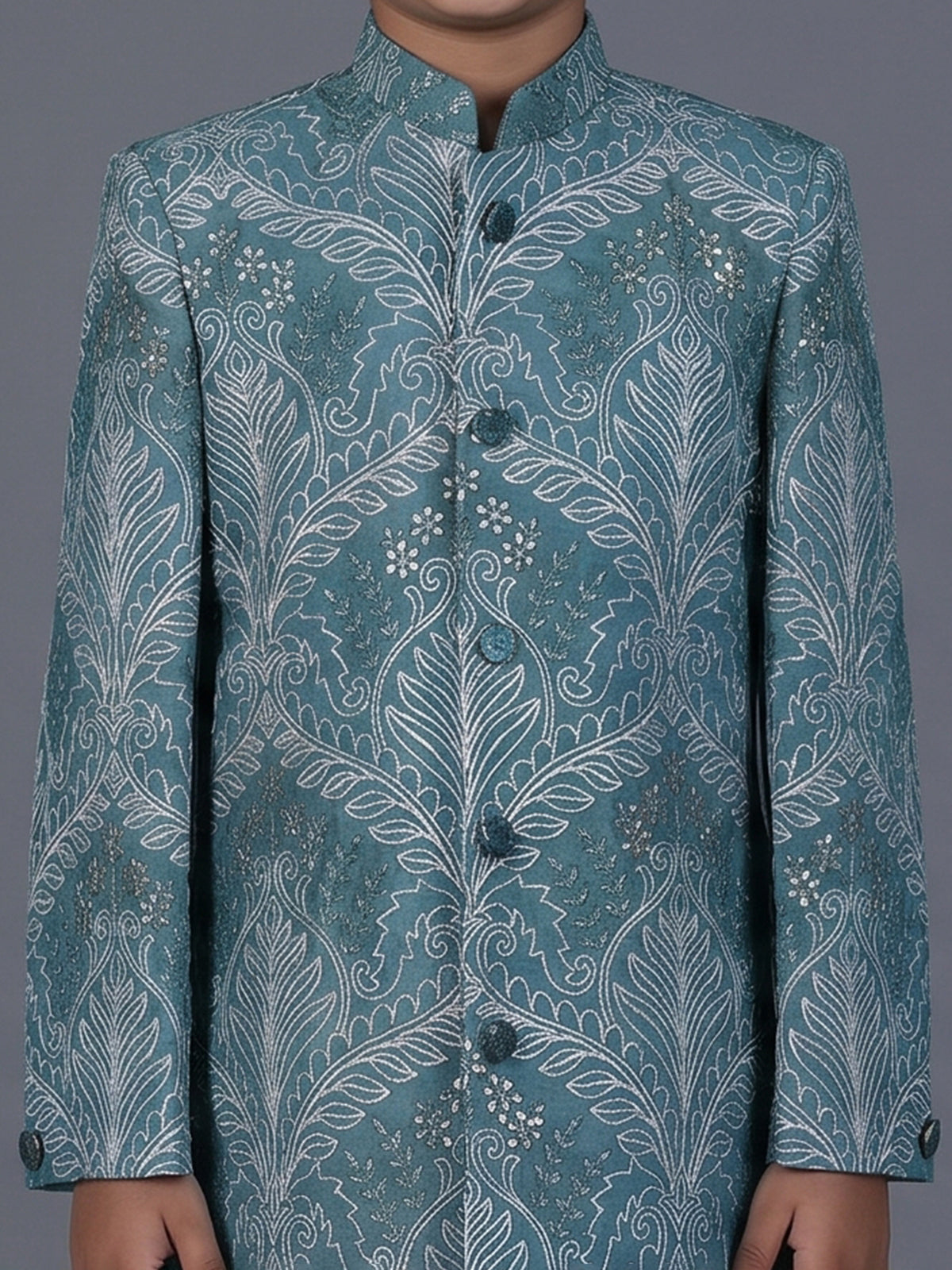 Sea green silk blend indowestern suit for boys
