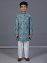 Sea green silk blend indowestern suit for boys