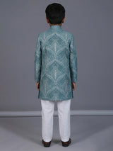 Sea green silk blend indowestern suit for boys