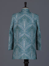 Sea green silk blend indowestern suit for boys