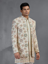 Ivory tussar silk open front indo western with embroidery