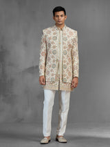 Ivory tussar silk open front indo western with embroidery