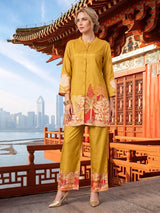 Mustard yellow cotton silk co ord set for casual wear