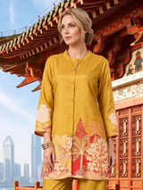 Mustard yellow cotton silk co ord set for casual wear