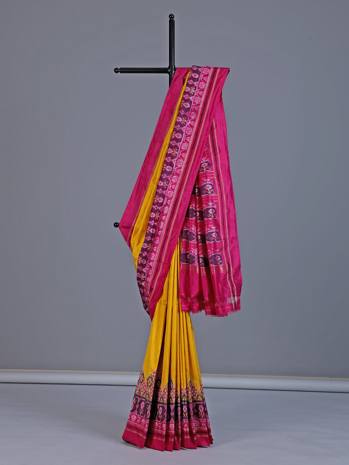 Mustard yellow pure hyderabadi patola silk saree with vibrant motif border