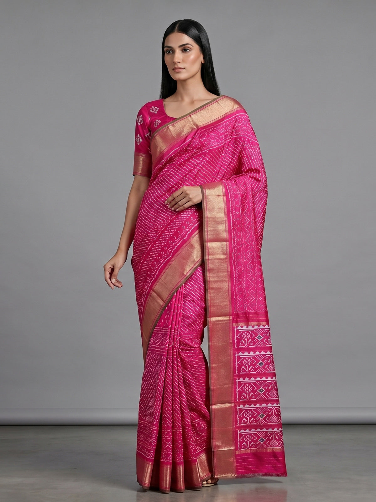 Rani pink pure hyderabadi patola silk saree with zari border