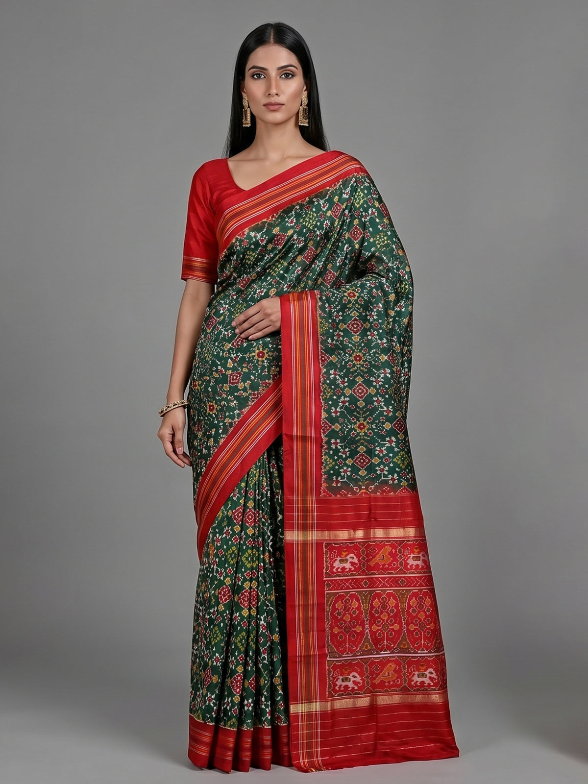 Green pure hyderabadi patola silk saree with elephant bird motif pallu