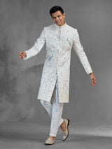 Off white chanderi silk sherwani with peacock motifs