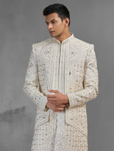 Beige silk open front sherwani with rich embroidery