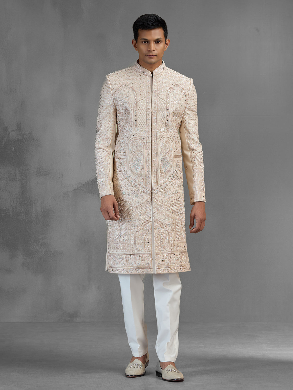 Rose gold raw silk sherwani with dense embroidery
