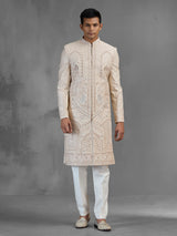 Rose gold raw silk sherwani with dense embroidery