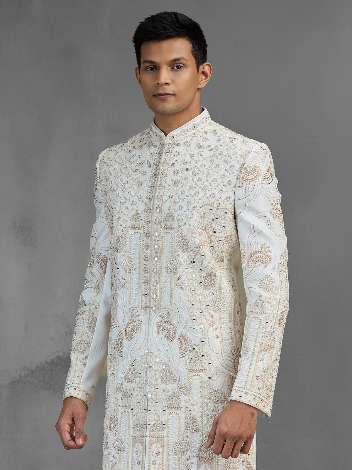 Ivory raw silk sherwani with jharokha paisley embroidery