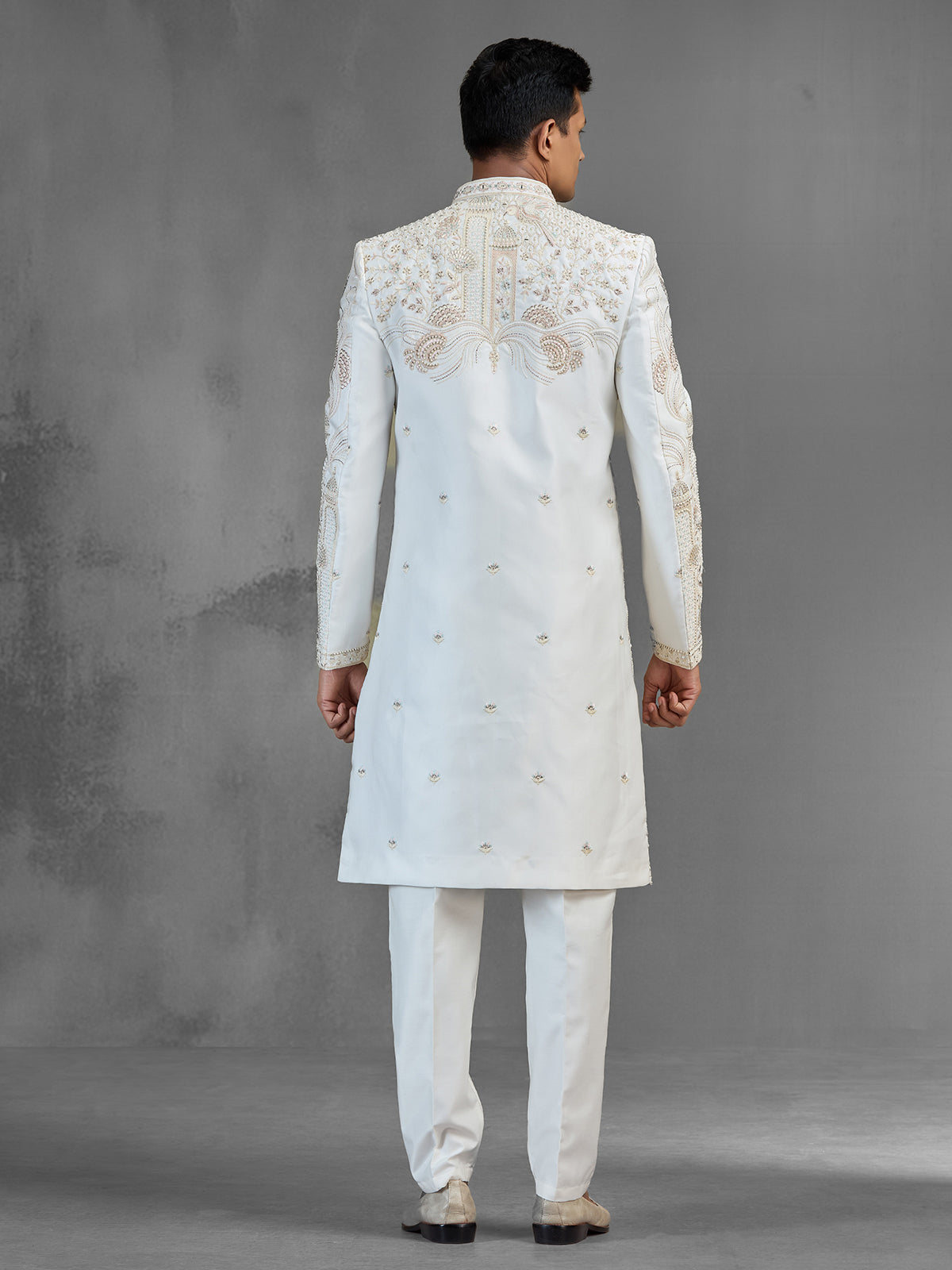 Ivory raw silk sherwani with jharokha paisley embroidery