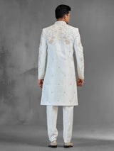 Ivory raw silk sherwani with jharokha paisley embroidery