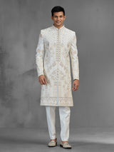 Ivory raw silk sherwani with jharokha paisley embroidery