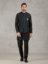 Black linen waistcoat set with zari elephant embroidery