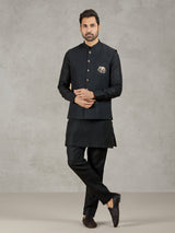Black linen waistcoat set with zari elephant embroidery