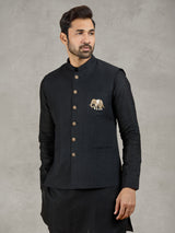 Black linen waistcoat set with zari elephant embroidery