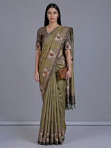 Mehendi olive cotton silk saree with sequin and print