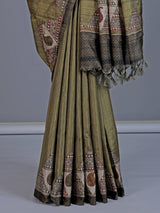 Mehendi olive cotton silk saree with sequin and print