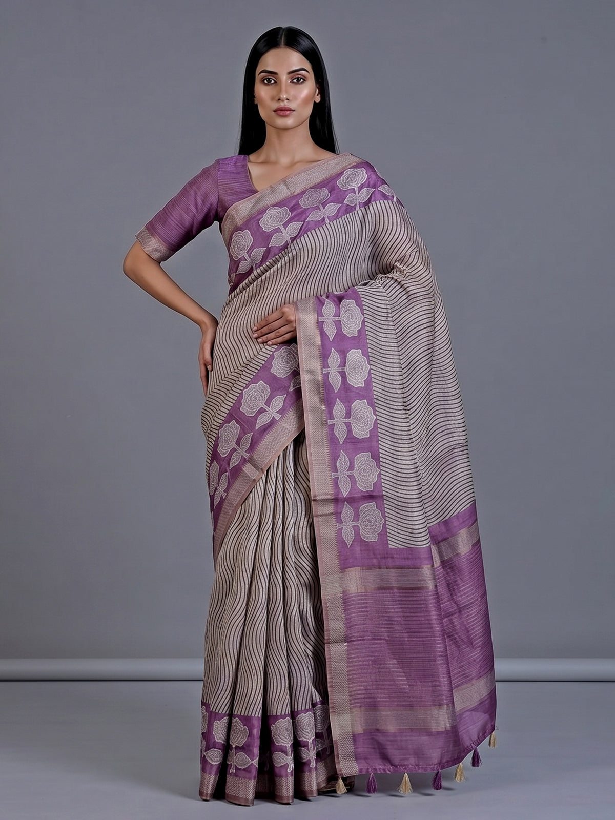 Beige cotton silk saree with patch zari work