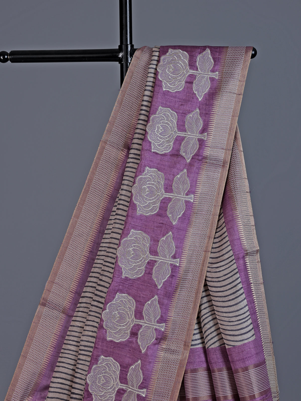 Beige cotton silk saree with patch zari work